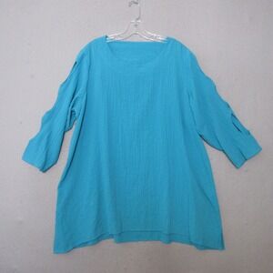 Ali‎ Miles Top Tunic Women Plus 1X Blue Crinkle Lagenlook Artsy Cut Out Beachy